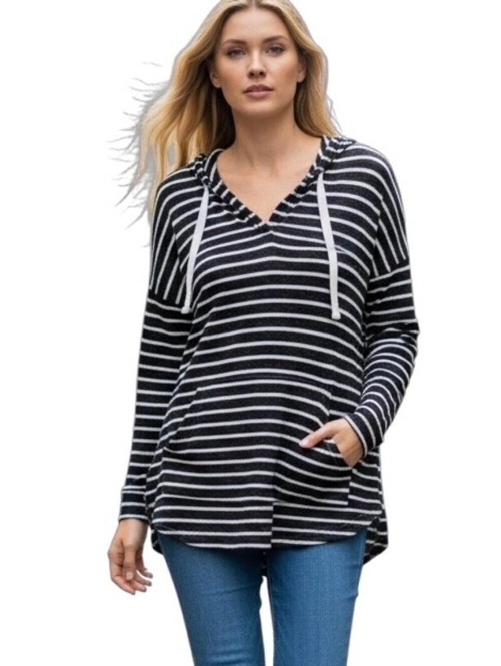 Market & Spruce Women's Hoodie Sweater S Black White Kallon Brushed Knit Striped